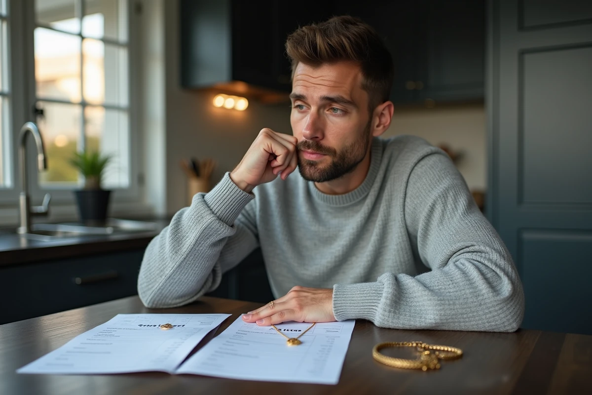 Homme analysant son budget et comparant les prix d'un collier plaqué or et d'un collier en or véritable à domicile