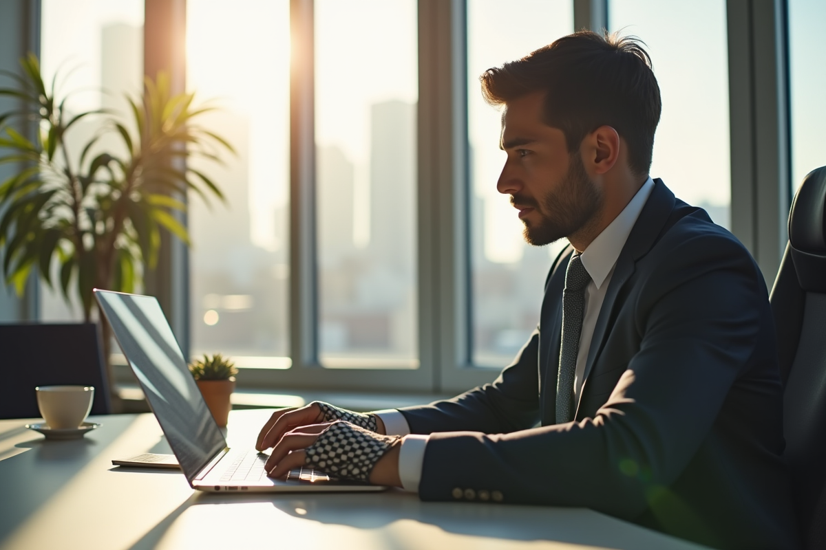 Homme d affaires utilisant un gant à motif au bureau