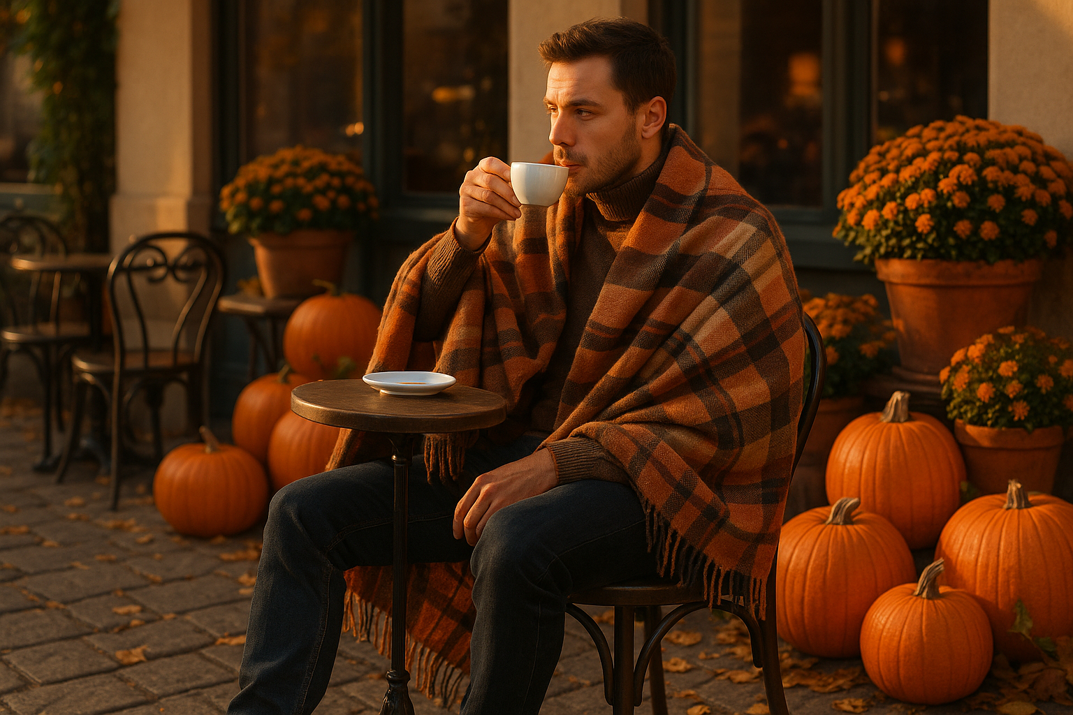 Homme chic buvant un café sur une terrasse automnale