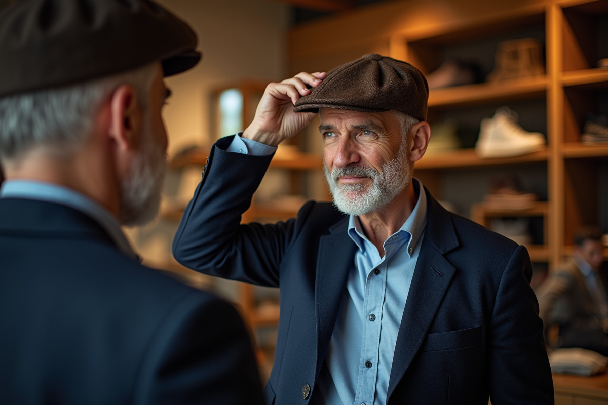 Homme essayant un chapeau dans une boutique chaleureuse