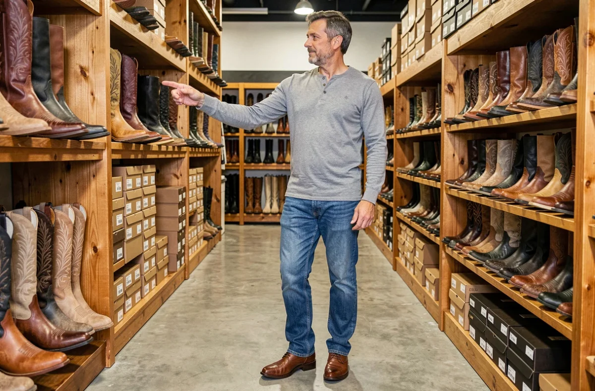 Homme examinant des boots cowboy dans un magasin spécialisé Western, comparant différents modèles sur les étagères de présentation