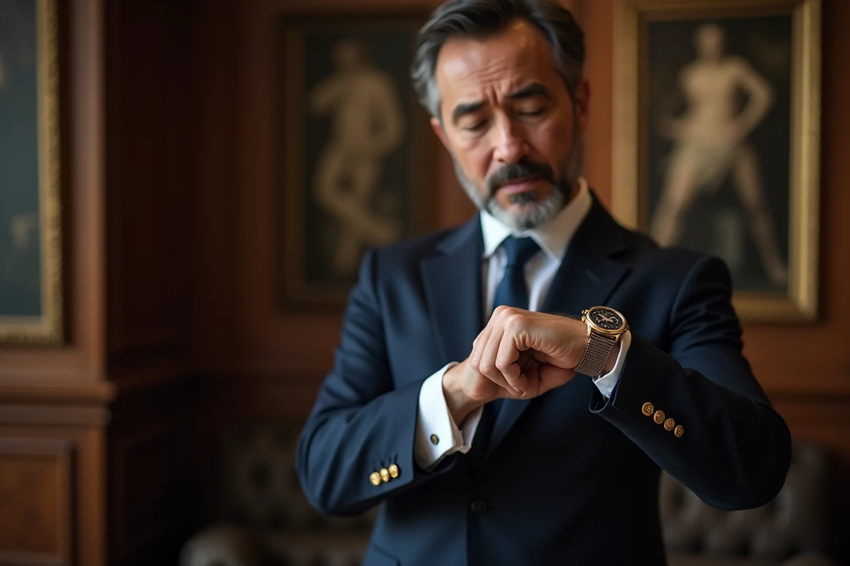 Homme en costume de luxe examinant une montre tourbillon dans une salle de ventes aux enchères européenne, photographie éditoriale haute horlogerie