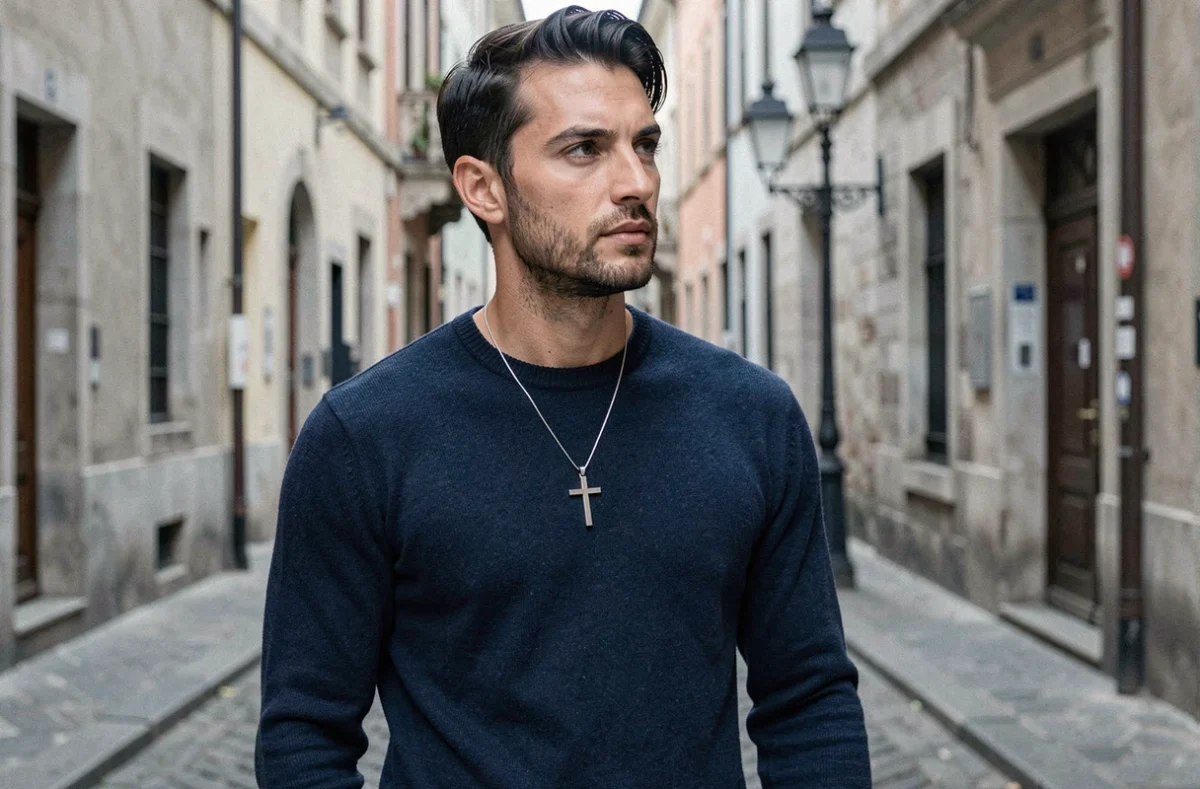 Homme portant une croix du Portugal en argent sur un pull col rond marine dans une rue pavée européenne, look casual chic