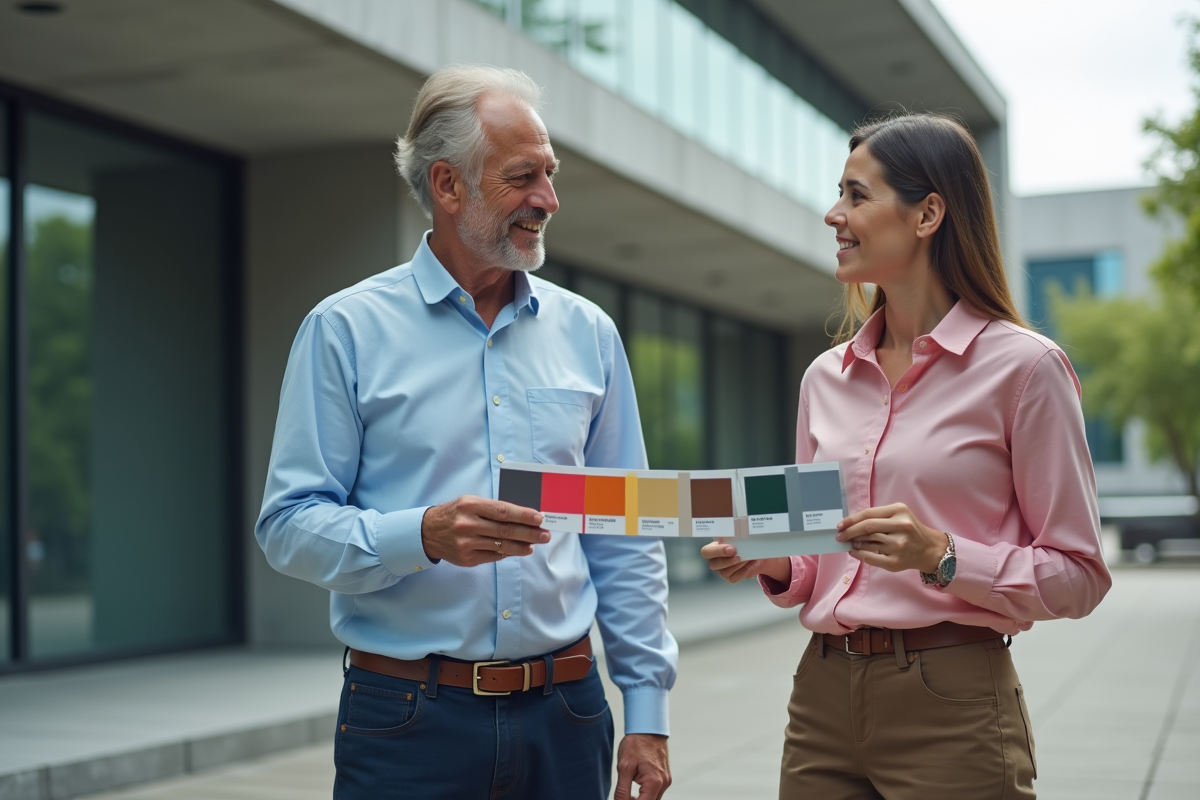 Homme discutant de tendances de couleur devant un bâtiment moderne