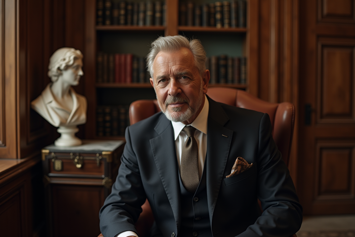 Homme distingué en costume dans un bureau ancien riche en détails