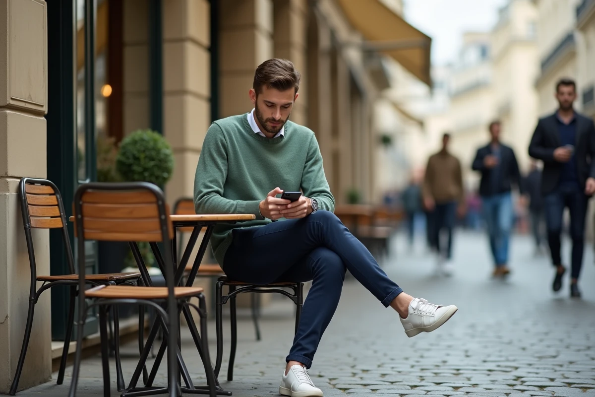Homme en pull vert sauge et chino marine attablé en terrasse parisienne illustrant le dressing capsule avec couleur tendance 2026