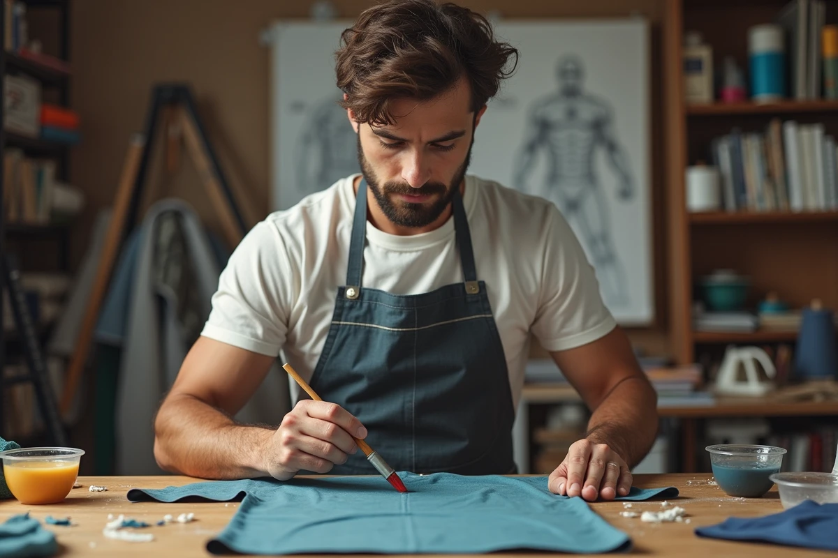 Homme appliquant de la teinture sur un costume de superhéros en tissu polyester