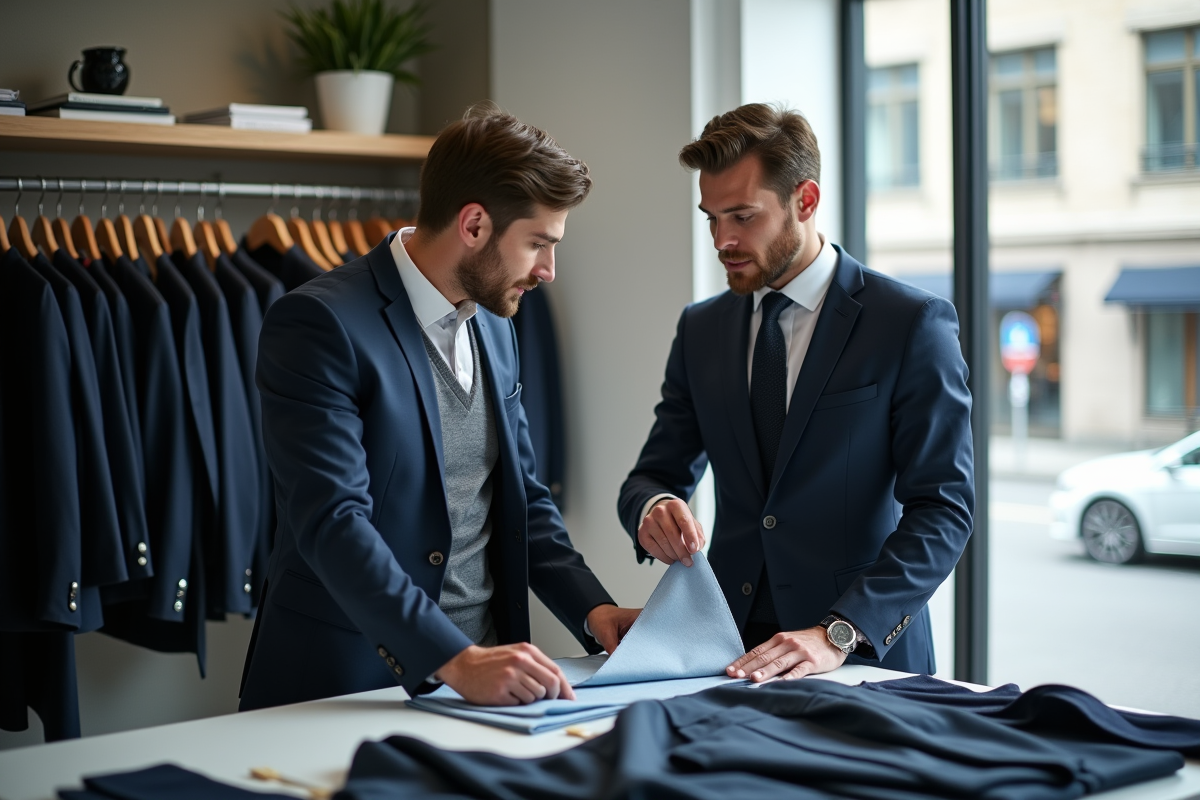 Homme d affaires examine un echantillon de tissu en showroom
