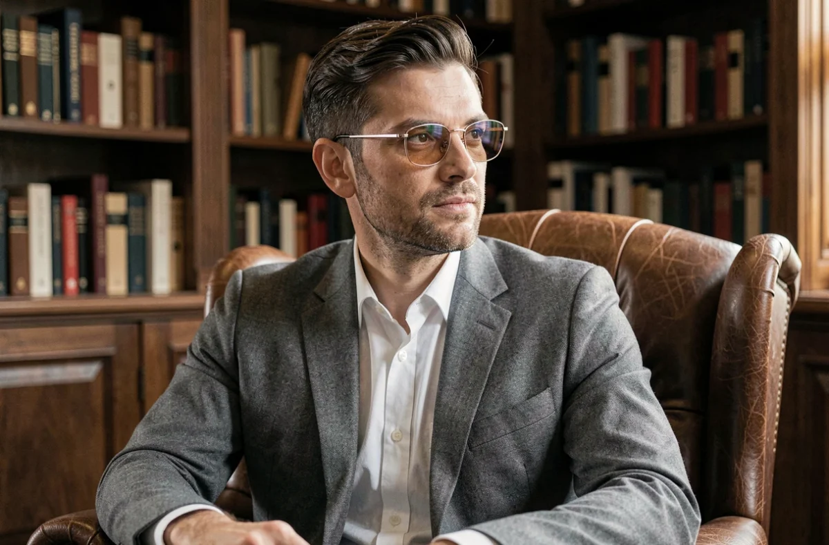 Homme élégant en lunettes de vue semi-sans-monture en titane assis dans une bibliothèque classique avec fauteuil en cuir