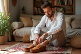 Homme d'âge moyen essayant des babouches en cuir à la maison