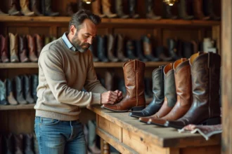 Homme en jeans et pull examine deux paires de bottes cowboy