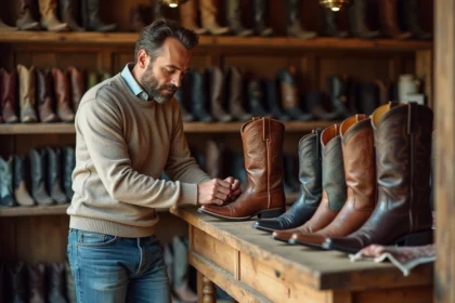 Homme en jeans et pull examine deux paires de bottes cowboy