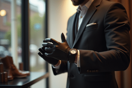 Homme essayant des gants en cuir dans une boutique lumineuse