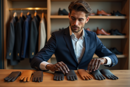 Jeune homme essayant des gants en cuir dans une boutique élégante