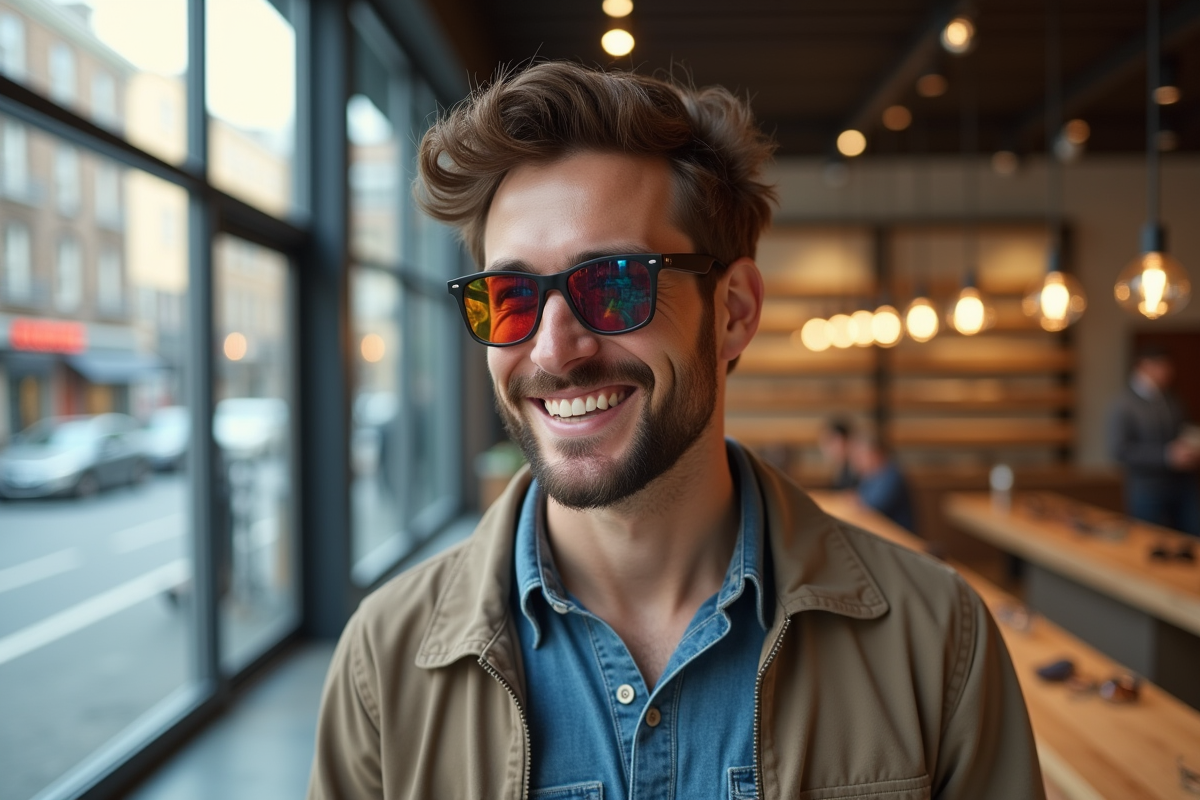 Homme essayant lunettes colorées dans boutique moderne