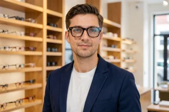 Homme portant des lunettes de vue rectangulaires en acétate écaille de tortue dans une boutique d'optique moderne