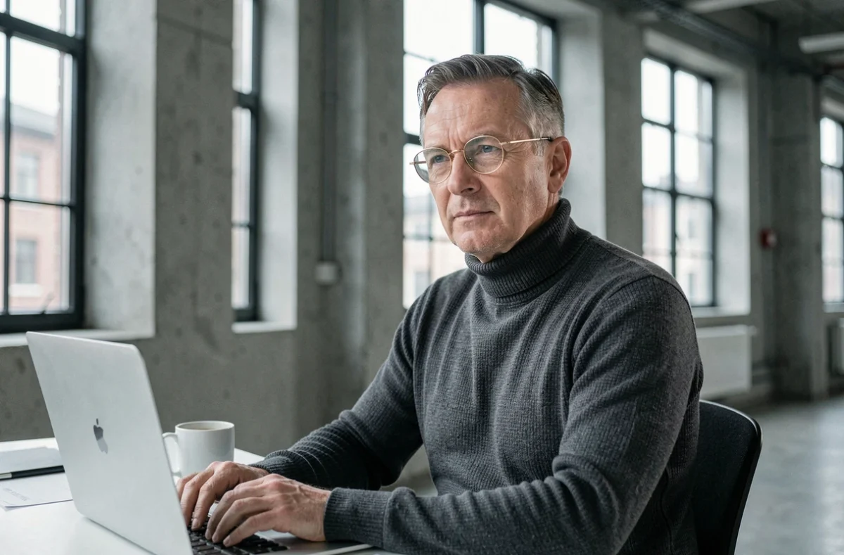 Homme en lunettes de vue rondes dorées en métal assis à un bureau dans un espace de travail moderne