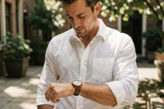 Homme trentenaire portant une montre en bois naturel au bracelet en noyer dans une cour urbaine ensoleillée