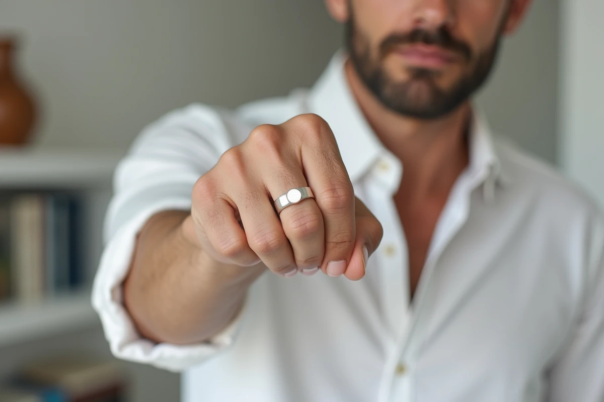 Homme portant une chevalière argent gravée au petit doigt dans un appartement moderne, idée cadeau anniversaire
