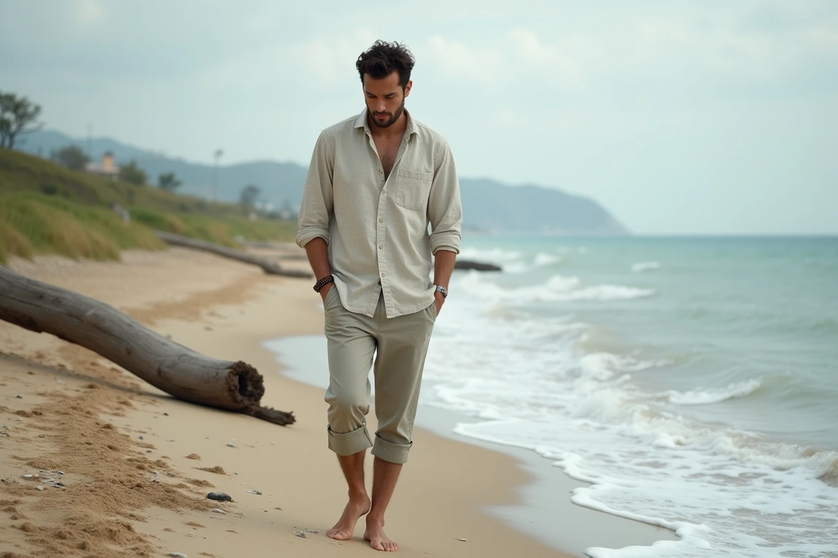 Homme marchant sur la plage avec bracelet à la cheville
