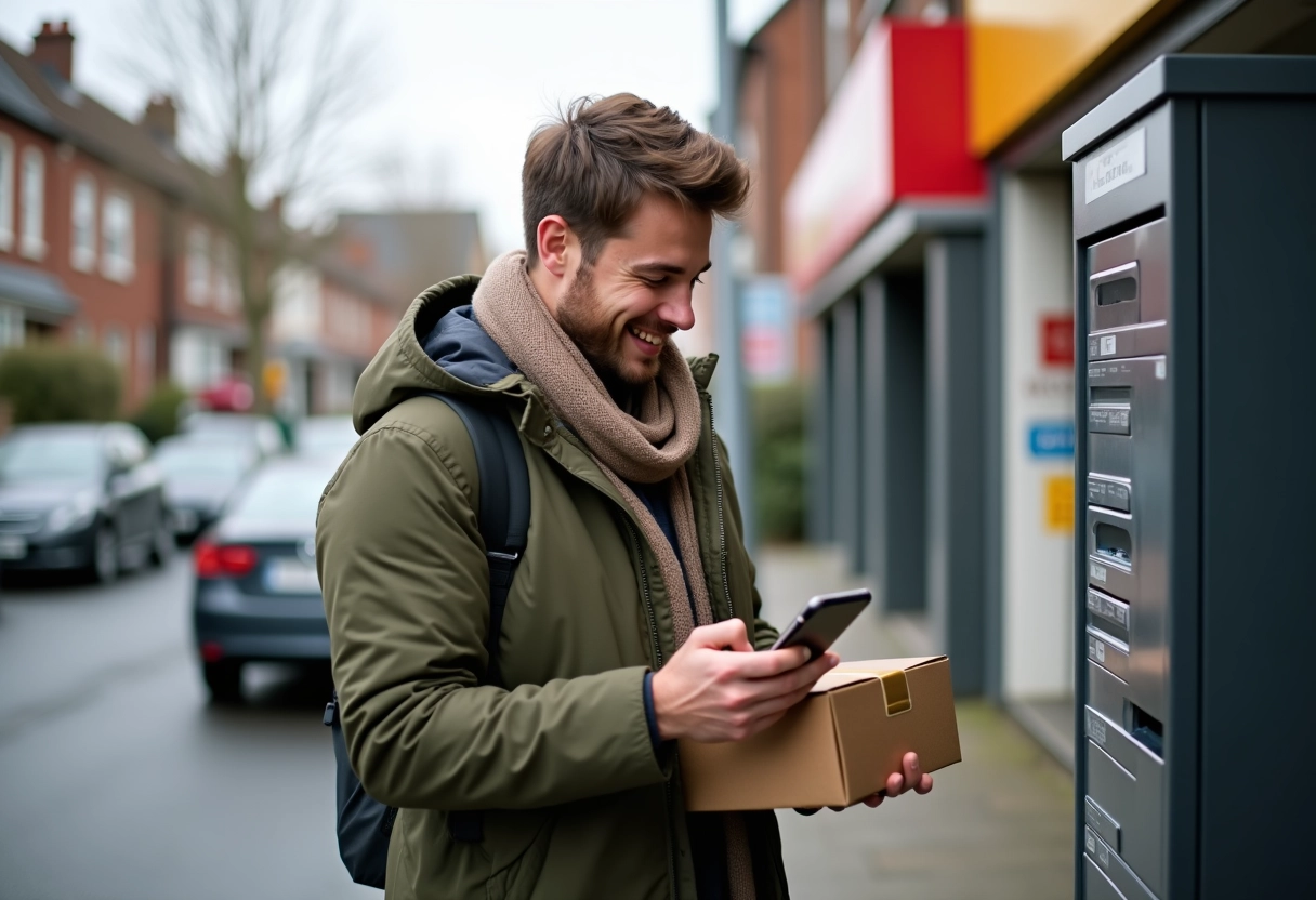 Homme scannant un colis devant un point de dépôt