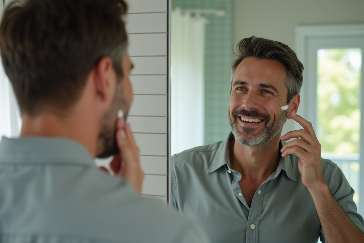 Homme se creme le visage dans sa salle de bain