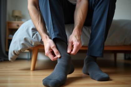 Homme en tenue chic essayant des chaussettes serrées dans la chambre