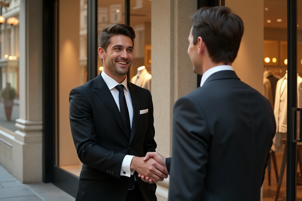 Jeune homme en costume noir accueillant un client dans une boutique
