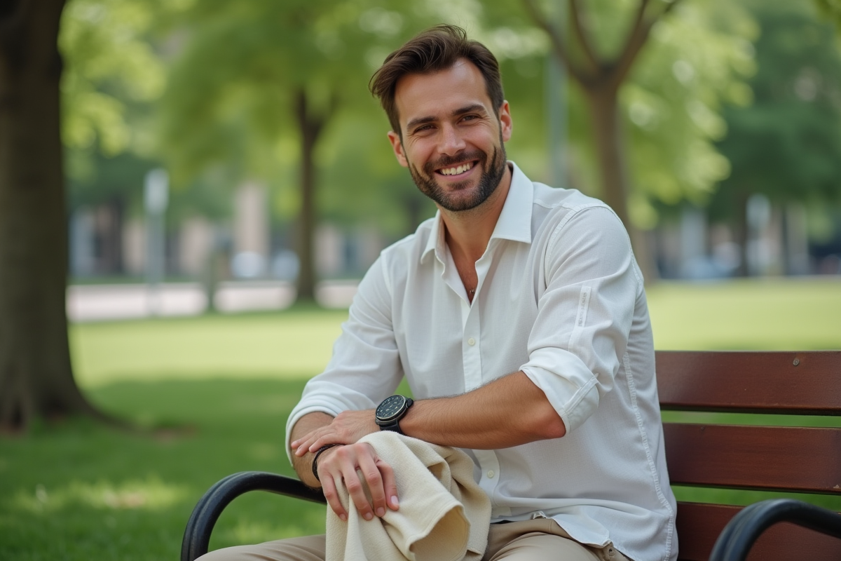 Homme touchant un tissu en lin dans un parc en plein air