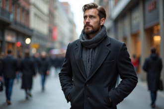 Homme barbu en manteau dans la ville moderne