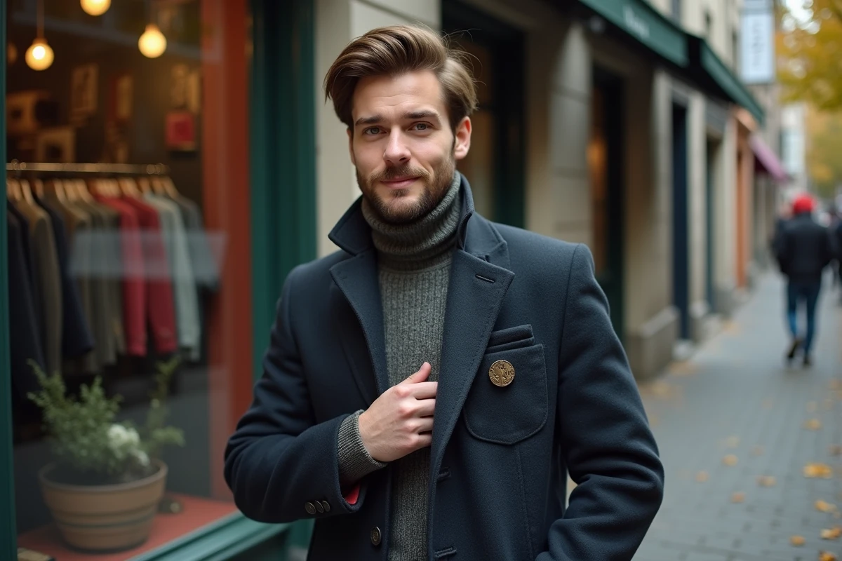 Jeune homme montrant la poche d’un manteau vintage