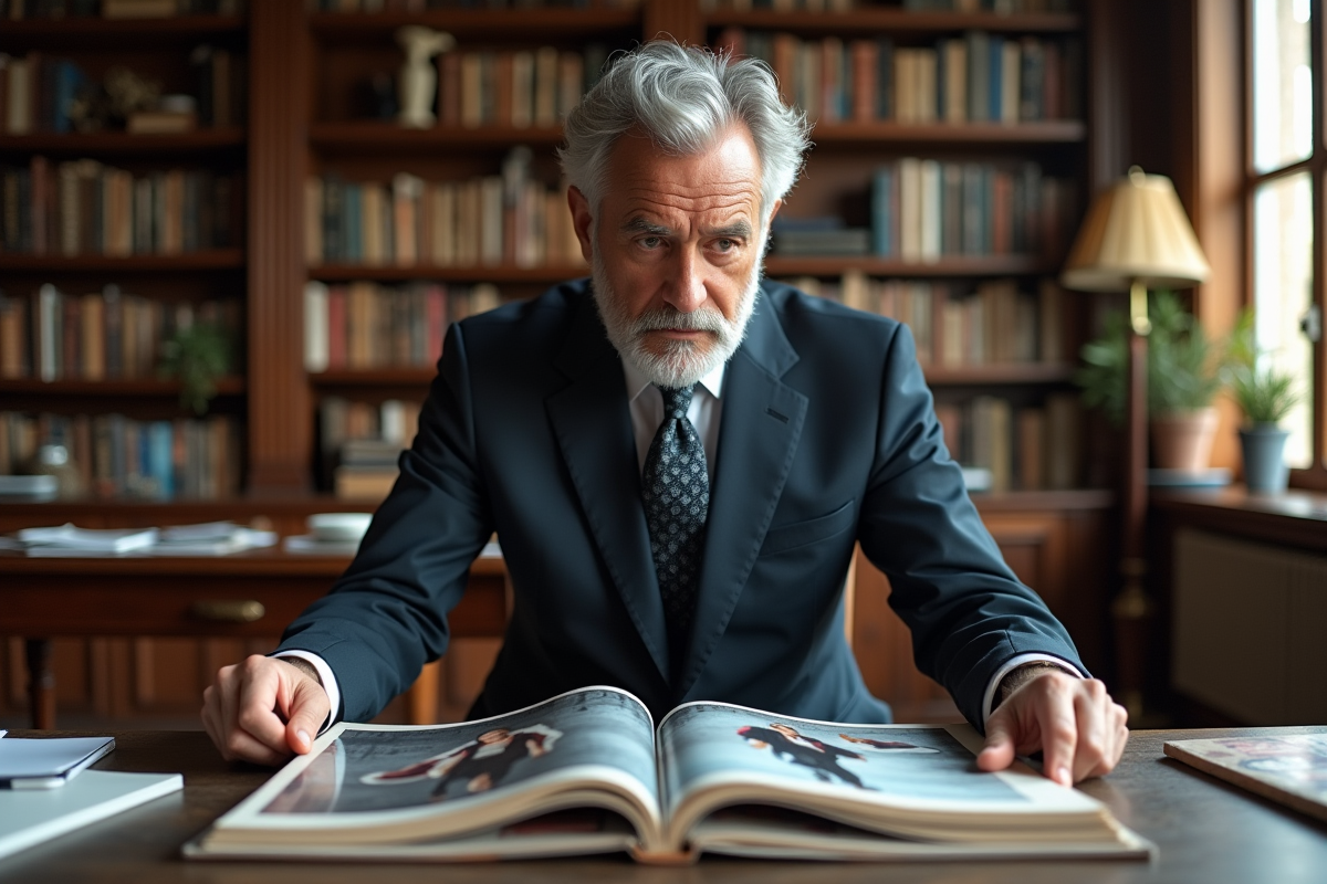 Homme d age examine magazines de mode vintage dans son bureau