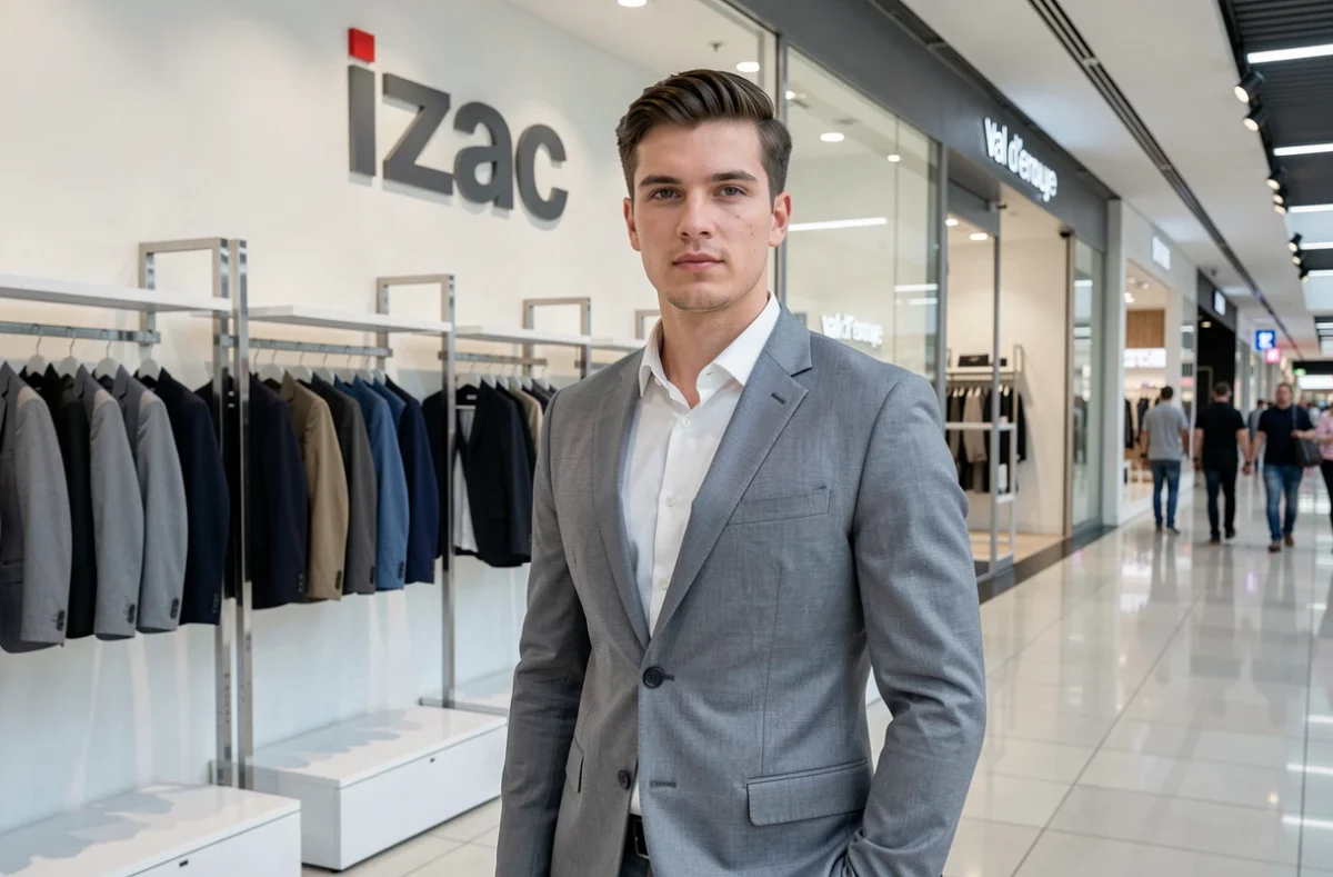 Un jeune homme en costume gris slim devant la boutique Izac Val d'Europe au centre commercial
