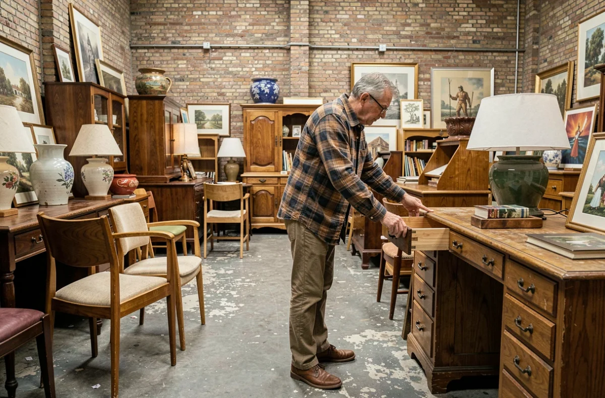 Jacotte et Javotte à Rouen, brocante avec mobilier vintage et objets anciens dans un espace type entrepôt