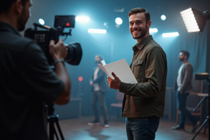 Jeune acteur confiant sur un plateau de tournage lumineux