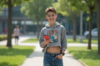 Adolescent souriant avec téléphone dans un parc urbain