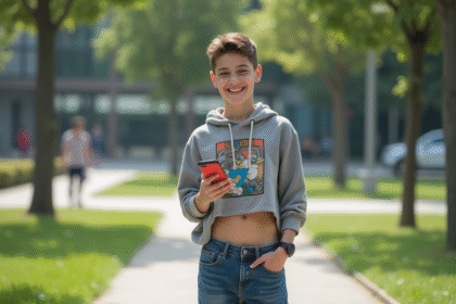 Adolescent souriant avec téléphone dans un parc urbain