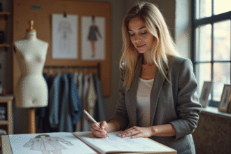 Jeune créatrice de mode esquissant dans son atelier lumineux