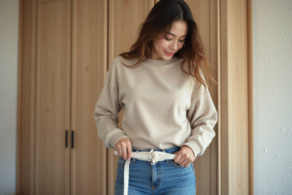 Jeune femme ajustant une ceinture élastique dans une chambre cosy