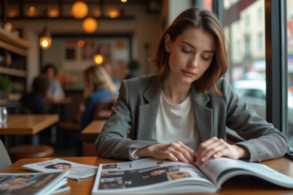 Jeune femme élégante lit des magazines de mode au café