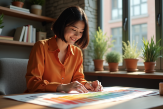 Jeune femme arrangeant des échantillons de couleur dans un bureau lumineux