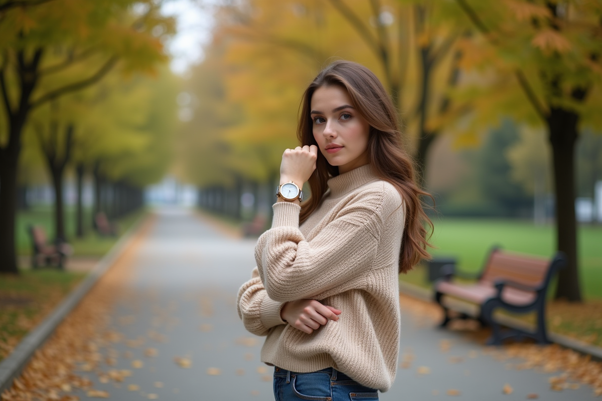 Jeune femme checkant sa montre dans un parc urbain
