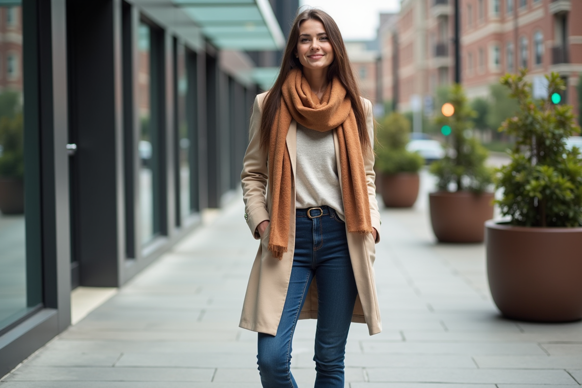 Jeune femme pose en ville avec une tenue tendance et accessoires