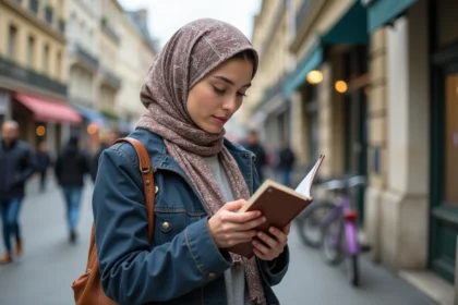 Jeune femme parisienne en streetwear réfléchissant avec un carnet