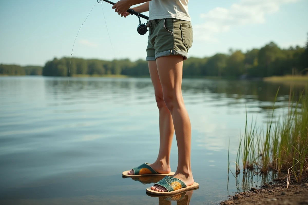 Jeune femme avec des tongs poisson regardant le lac