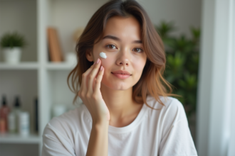 Jeune femme appliquant une creme visage dans sa chambre