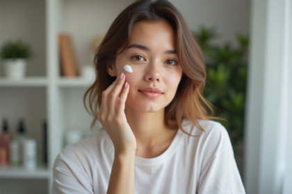 Jeune femme appliquant une creme visage dans sa chambre