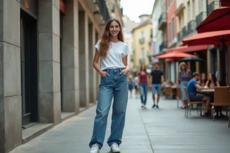 Jeune femme en jeans baggy dans une rue urbaine dynamique