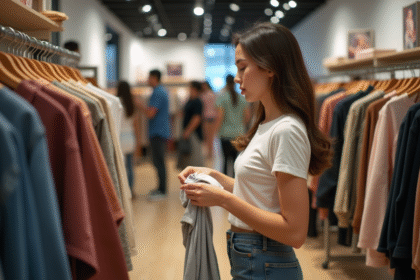 Jeune femme examine étiquettes de vêtements en boutique moderne
