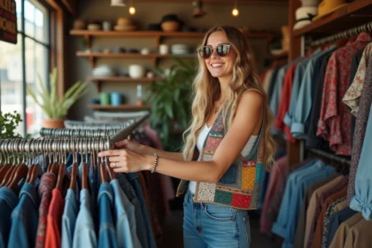 Jeune femme souriante dans une friperie vintage avec vêtements colorés